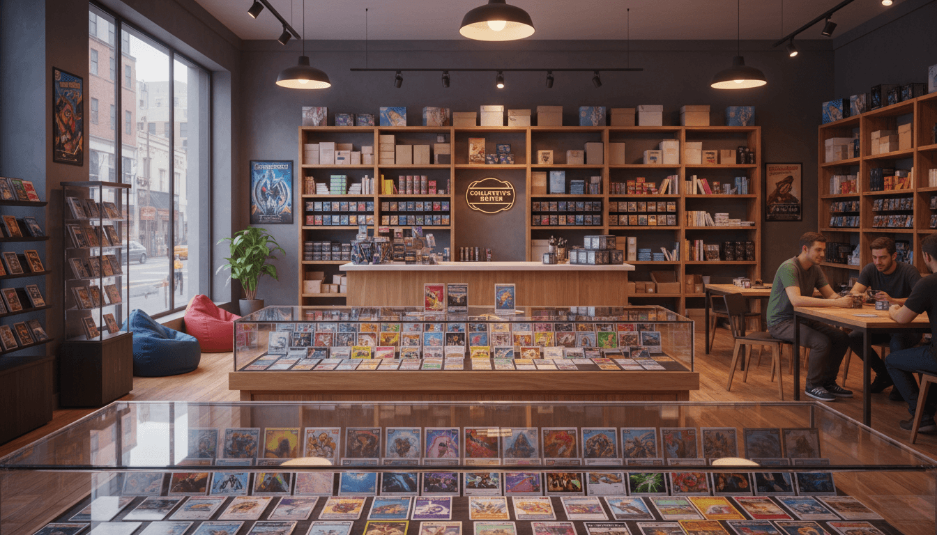 Interior of a local card shop with colorful collectible cards in display cases