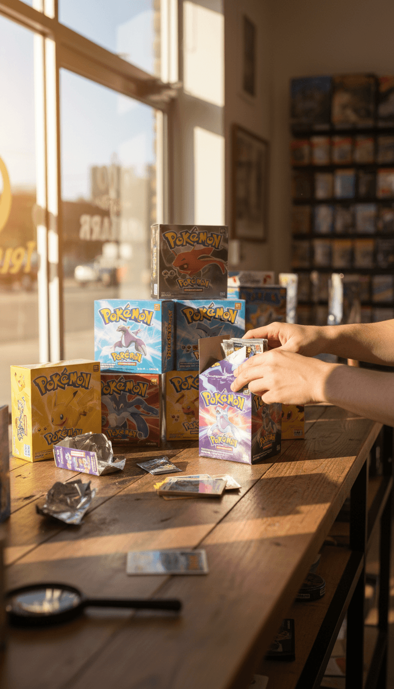 Freshly stocked booster boxes on a counter