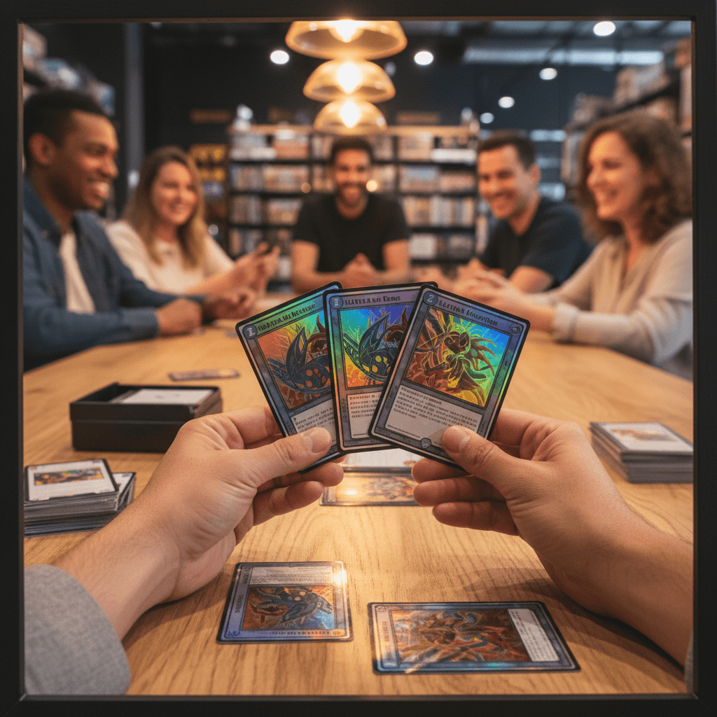 Hand holding a colorful stack of Pokémon cards