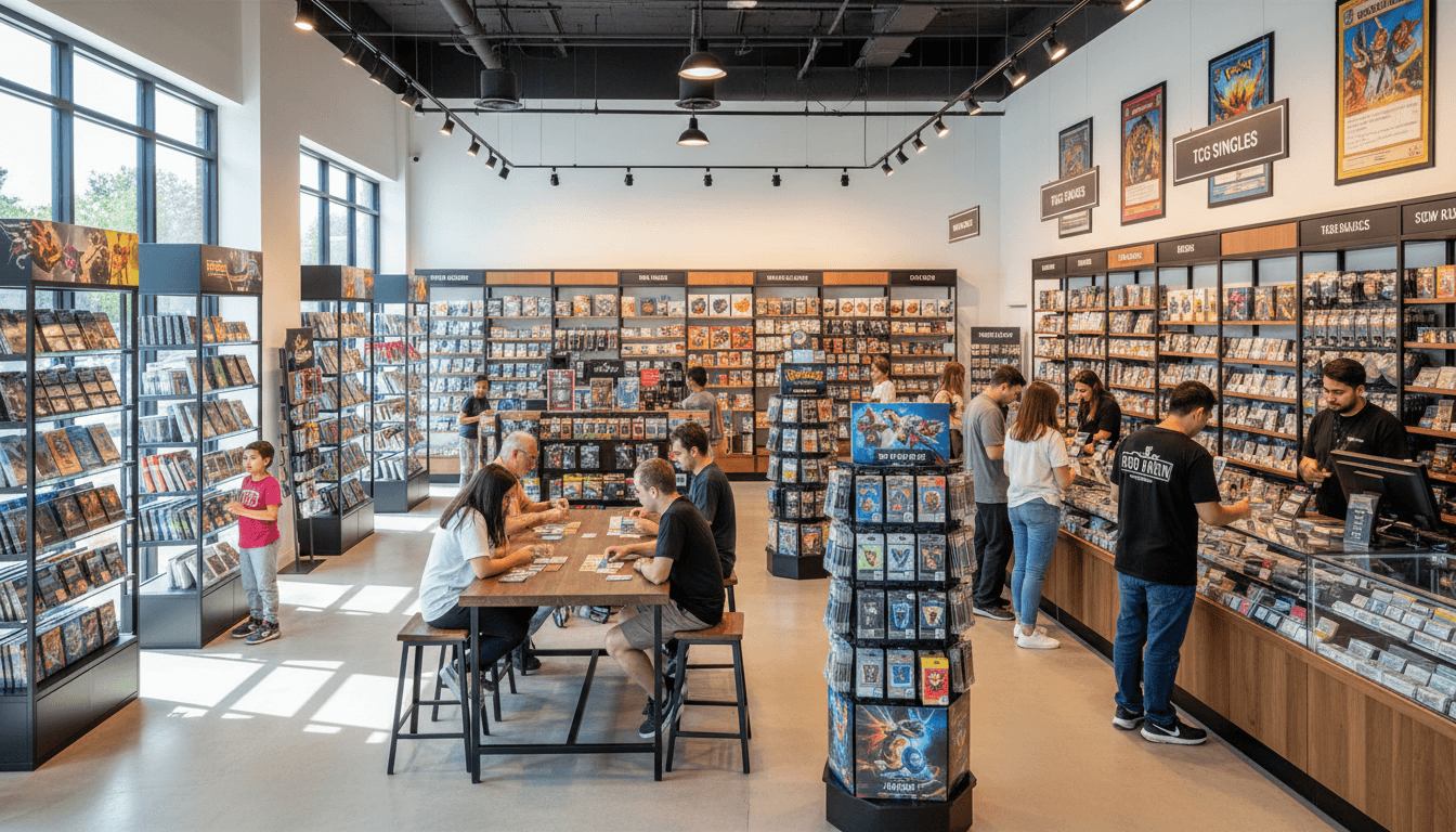 Bright card shop interior with display cases and shelves of trading cards